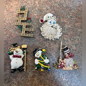 Vintage Christmas Brooch Lot – JJ Scrabble Pin, Santa, Snowmen Rhinestone Enamel